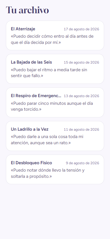 Pantalla Archivo de NUA con varias rutinas completadas y la frase que se lleva de cada una